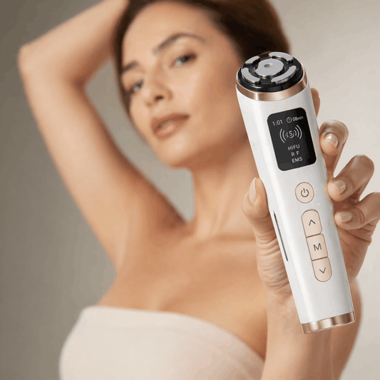 Woman using Velino LUMERA Lift Pro on cheekbone at-home clinic-grade skin lifting treatment