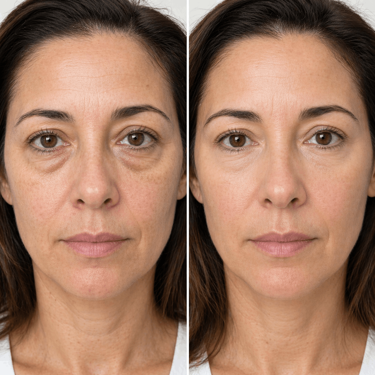 Before and after Velino LUMEX Eye Lift – visible reduction in under-eye bags, dark circles and fine lines around the eyes after consistent use