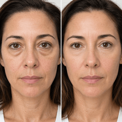 Before and after Velino LUMEX Eye Lift – visible reduction in under-eye bags, dark circles and fine lines around the eyes after consistent use