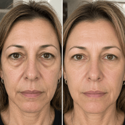 Before and after Velino LUMEX Eye Lift – visible reduction in under-eye bags, dark circles and fine lines around the eyes after consistent use