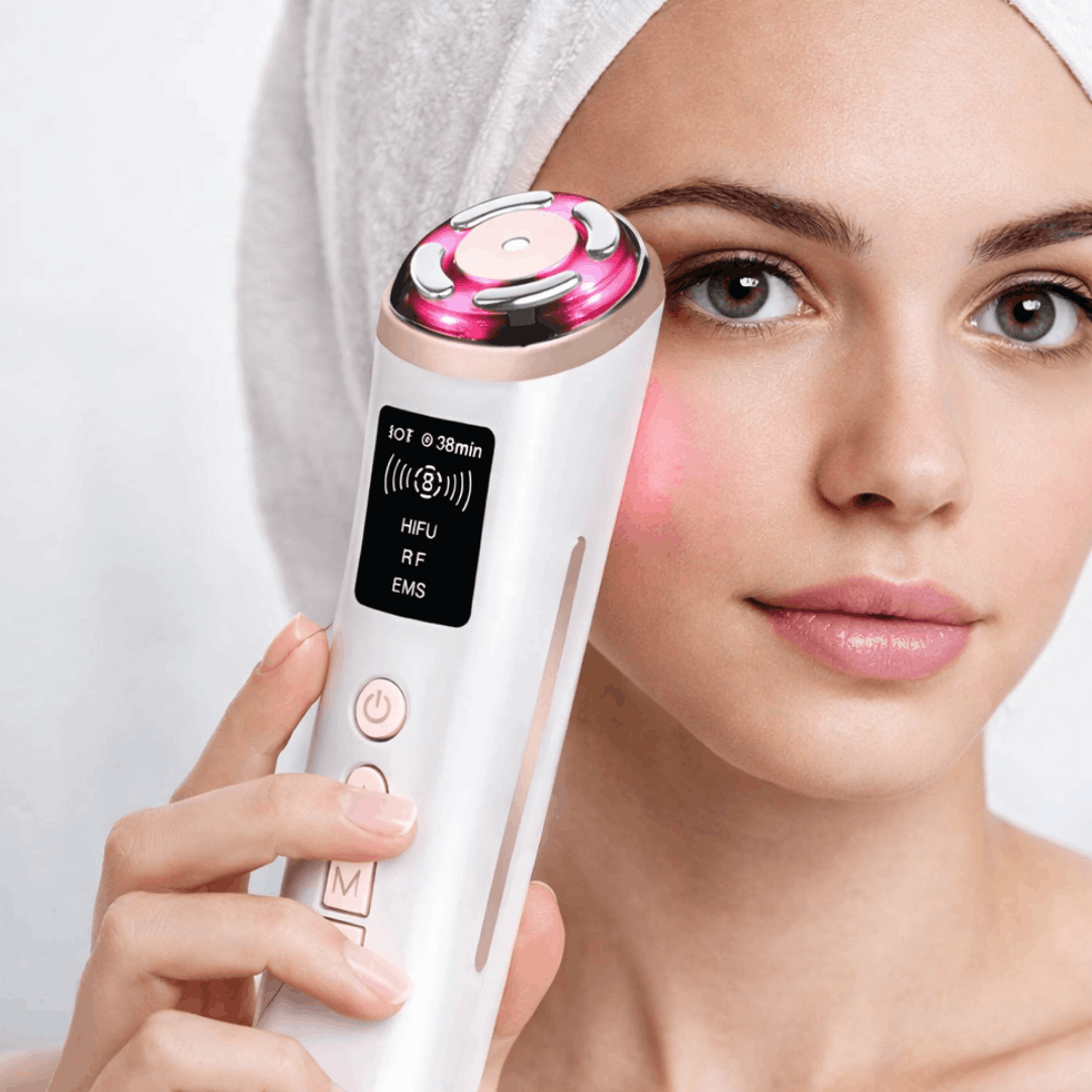 Woman using Velino LUMERA Lift Pro on cheekbone  at-home clinic-grade skin lifting treatment