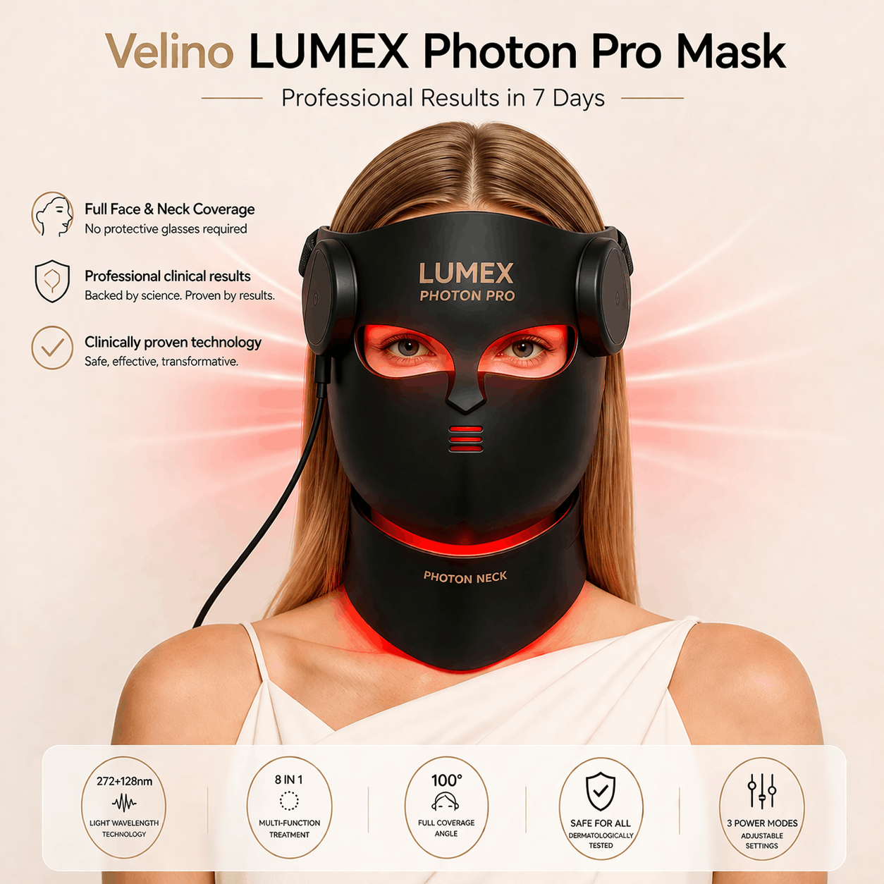 Velino LUMEX Photon Pro professional LED face mask 
with neck therapy red light 660nm 850nm infrared treatment