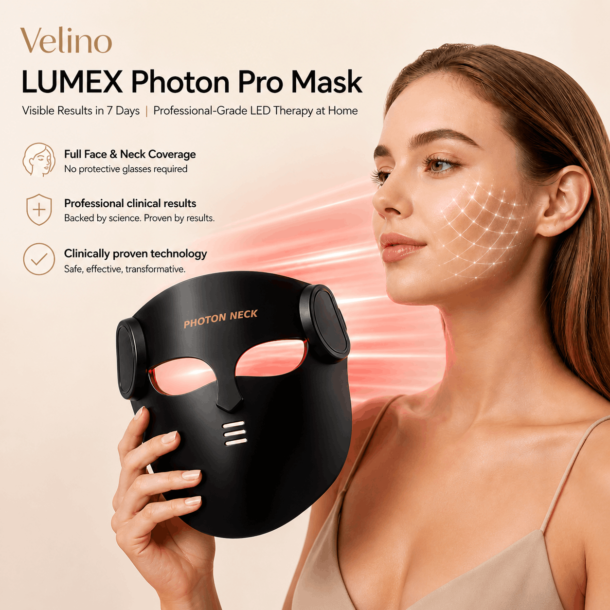 Velino LUMEX Photon Pro professional LED face mask 
with neck therapy red light 660nm 850nm infrared treatment