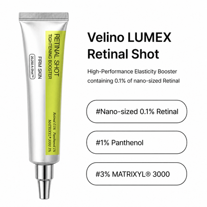 Velino LUMEX Retinal Shot ingredients – 0.1% Nano 
Retinal, 3% Matrixyl 3000, 1% Panthenol Firming Serum