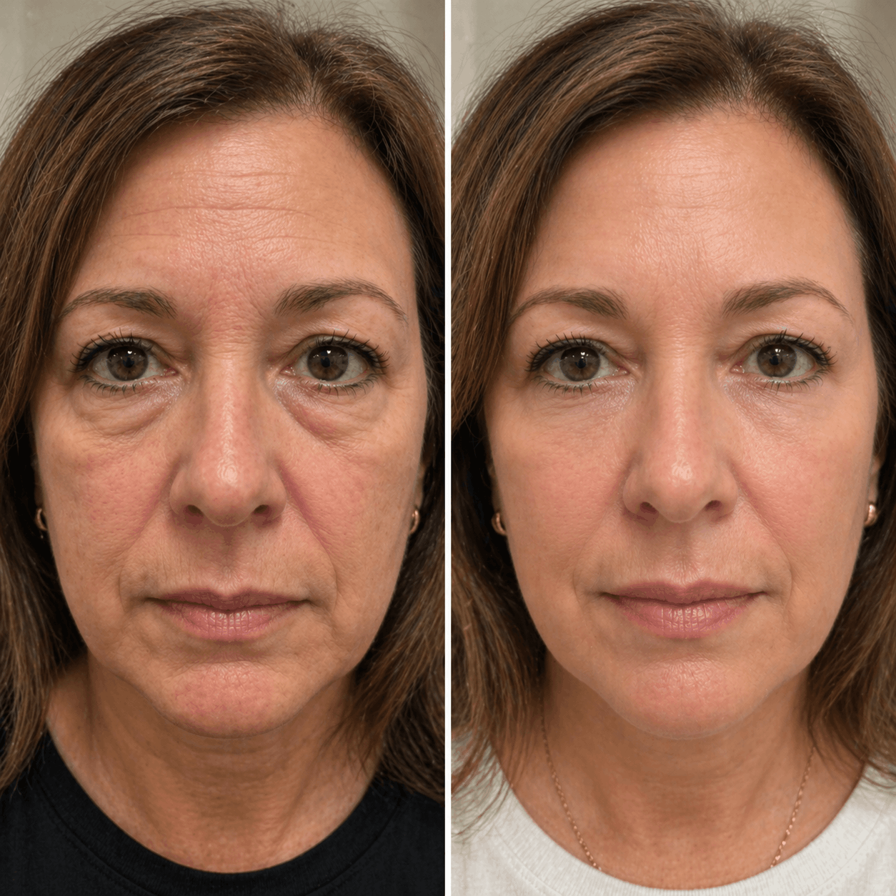 Before and after Velino LUMEX Eye Lift – visible reduction in under-eye bags, dark circles and fine lines around the eyes after consistent use