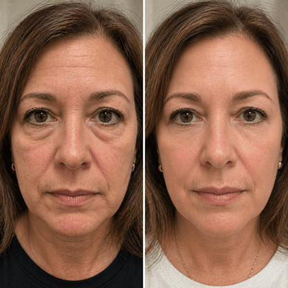 Before and after Velino LUMEX Eye Lift – visible reduction in under-eye bags, dark circles and fine lines around the eyes after consistent use