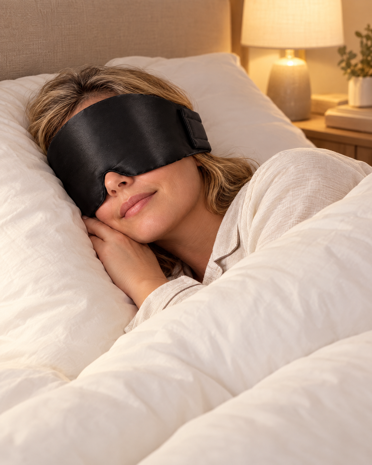 אישה נחה במיטה עם מסכת שינה שחורה Velino Night לחסימת אור