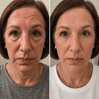 Before and after Velino LUMEX Eye Lift – visible reduction in under-eye bags, dark circles and fine lines around the eyes after consistent use